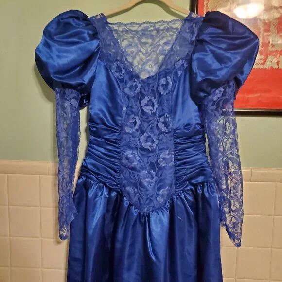 Vintage Royal Blue 80s Long Sleeve Lace A Line Prom Party Dress Women's Size 12 - Picture 12 of 15
